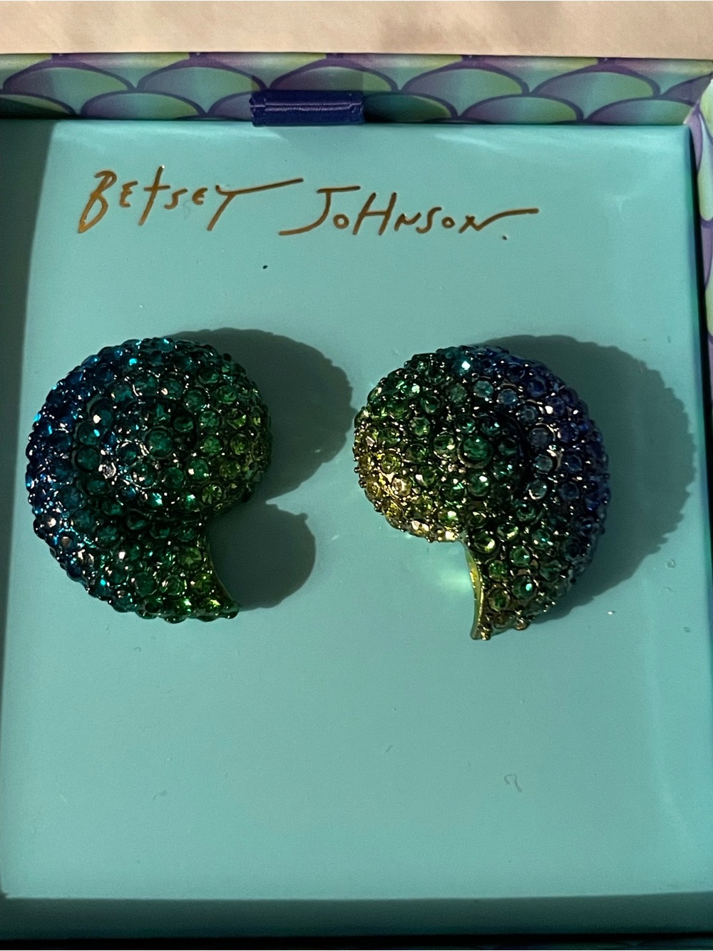 Betsey Johnson Green and Blue Crystal Nautilus pierced Earrings